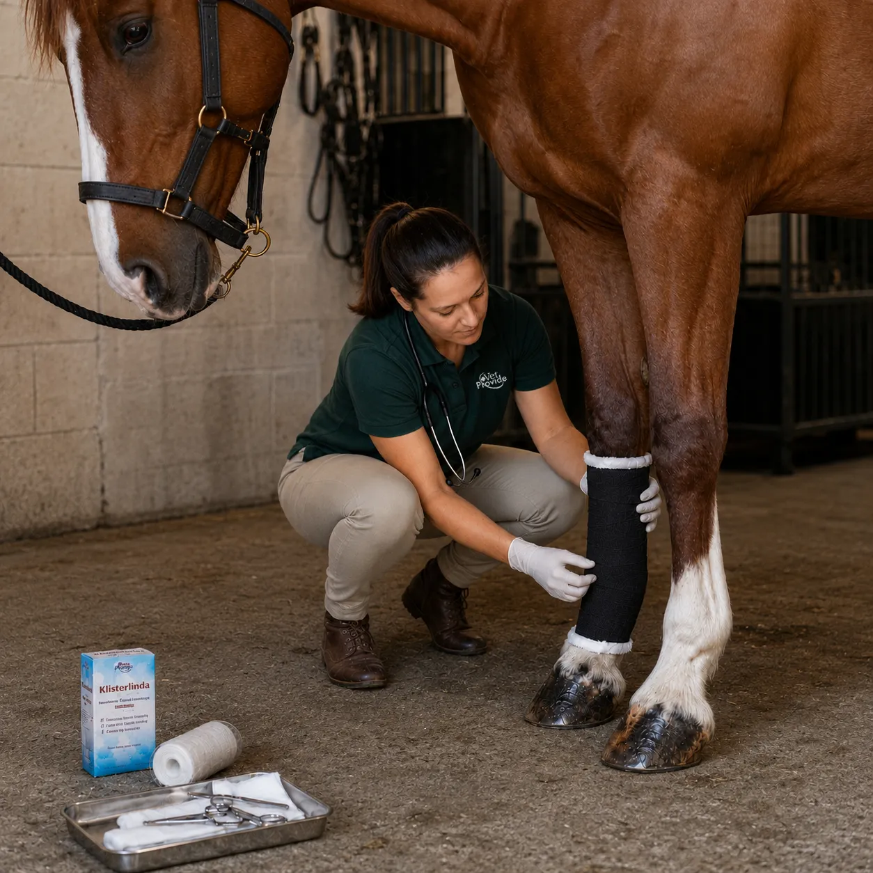 Veterinarian applying a leg bandage to a horse in a stable.