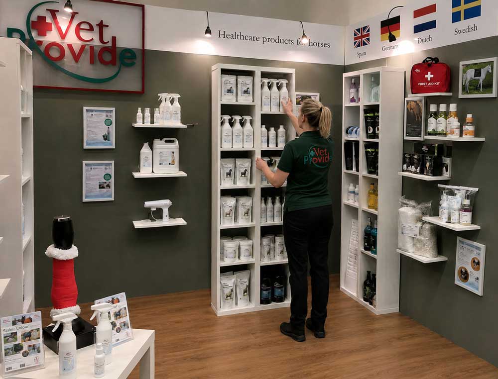 Vet Provide exhibition stand showing healthcare products for horses.